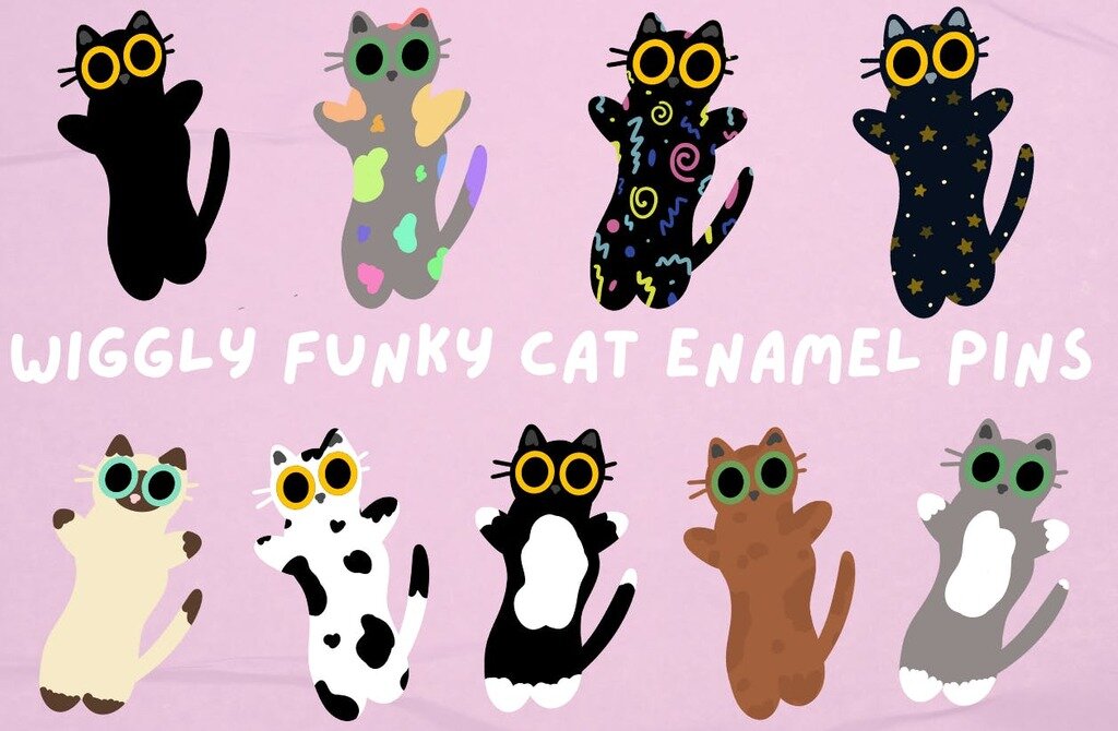 wiggly cats- a selection of funky enamel cat pins!