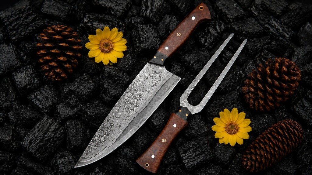 Handmade Damascus BBQ Knife & Fork set.