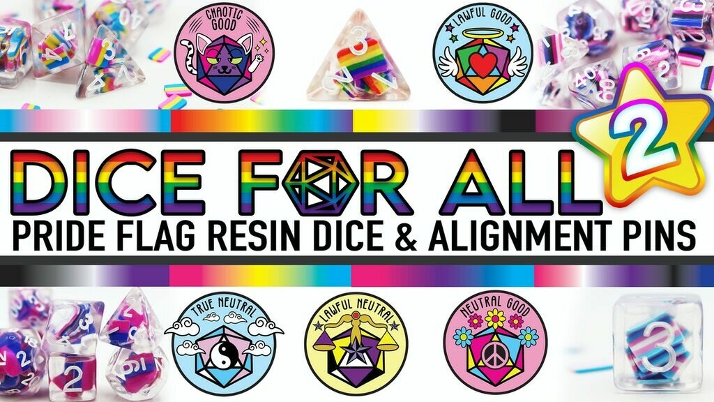 Dice For All 2: Resin Pride Dice and Alignment Enamel Pins