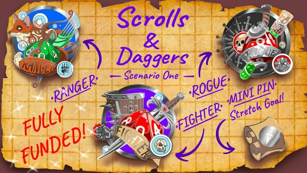 Scrolls & Daggers D&D character class enamel pins