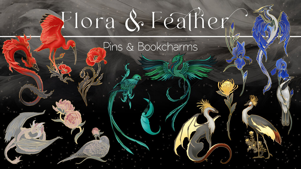 Flora & Feather - Enamel Pins & Bookcharms - Birds, Flowers, and Dragons!