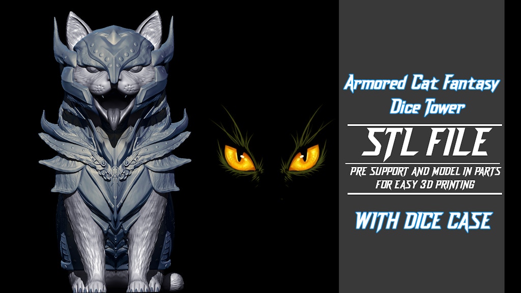 Armored Cat Fantasy Dice Tower - 3D STL File