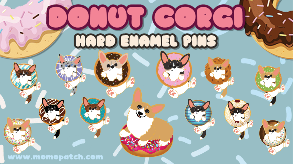 Donut Corgi Enamel Pins and Stickers by Momo Patch
