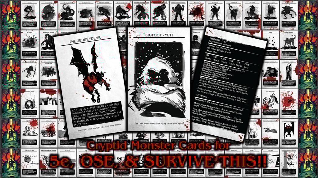 Cryptid Monster Cards for 5e, OSE, and SURVIVE THIS!! TTRPGs