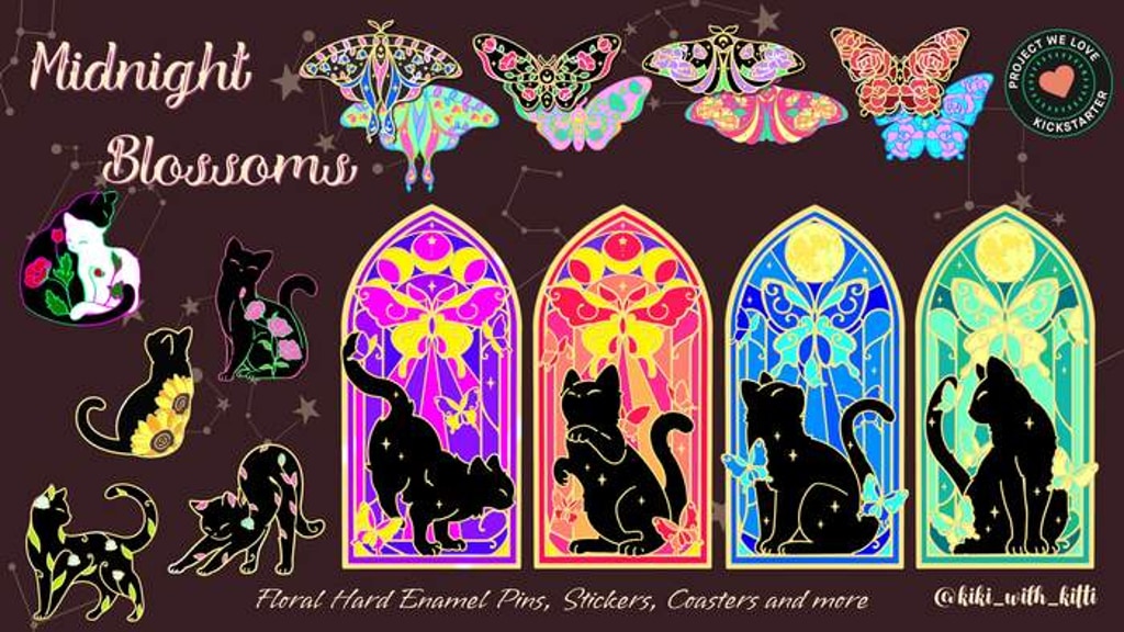 Midnight Blossoms Floral Cat Butterfly Enamel Pin Collection