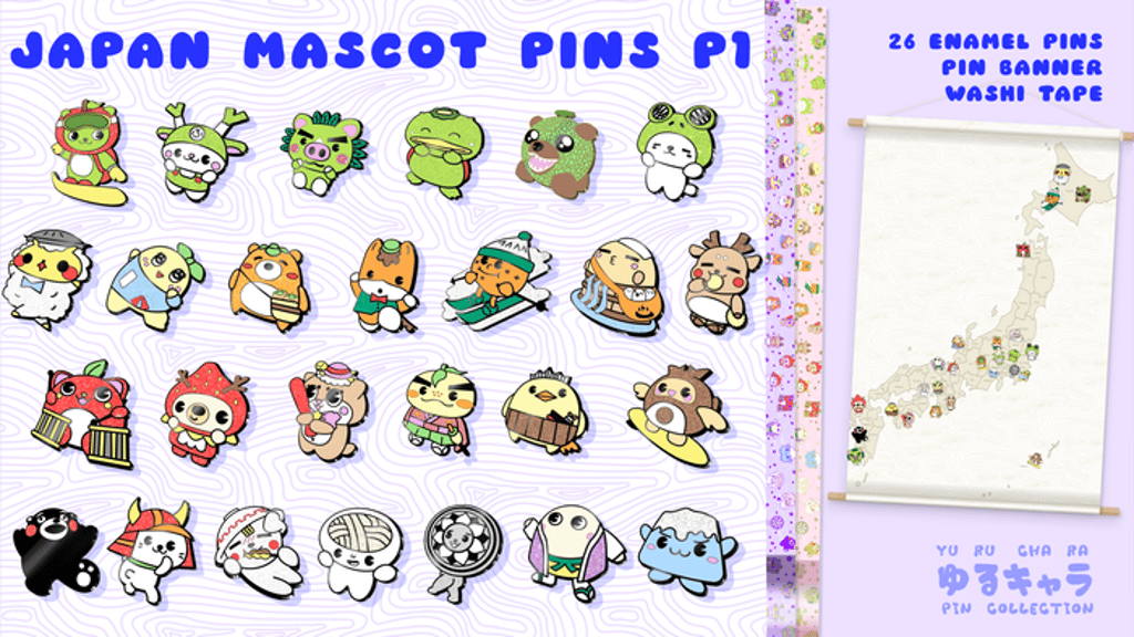 Japanese Mascot Kawaii Enamel Pins & Japan Map Pin Banner P1