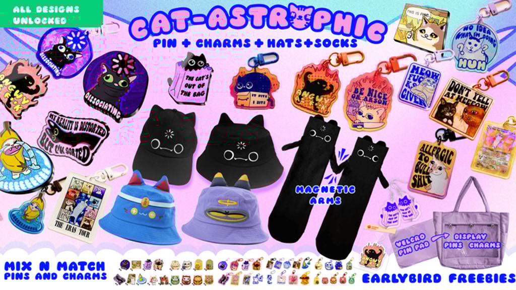 Cat-astrophic Cats : Enamel Pins /Charms/Hat/Cap/Bags/Socks