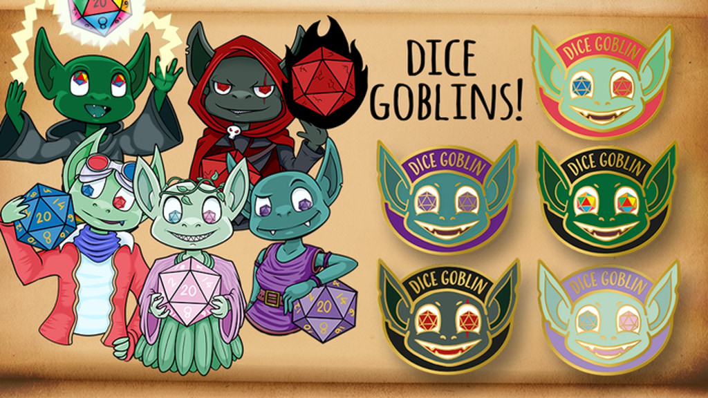 Dice Goblin enamel pins and stickers